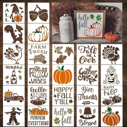 24 Pieces Fall Stencils for Painting on Wood 3" - Holiday and Fall Stencils for Crafts Reusable for DIY Decoration Ornaments Cards Signs Fabric Windows - Gnome, Pumpkin Farm, Fresh, and Hello Fall Stencil